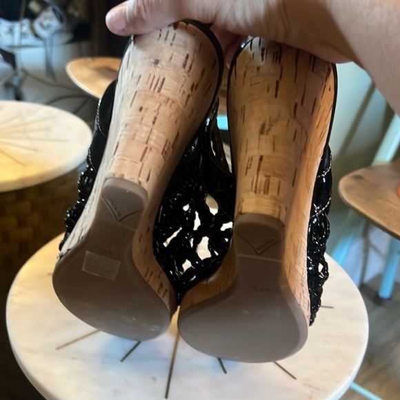 Prada, Black Wedge Sandals, leather 37.5 (US 7) - Picture 9 of 11